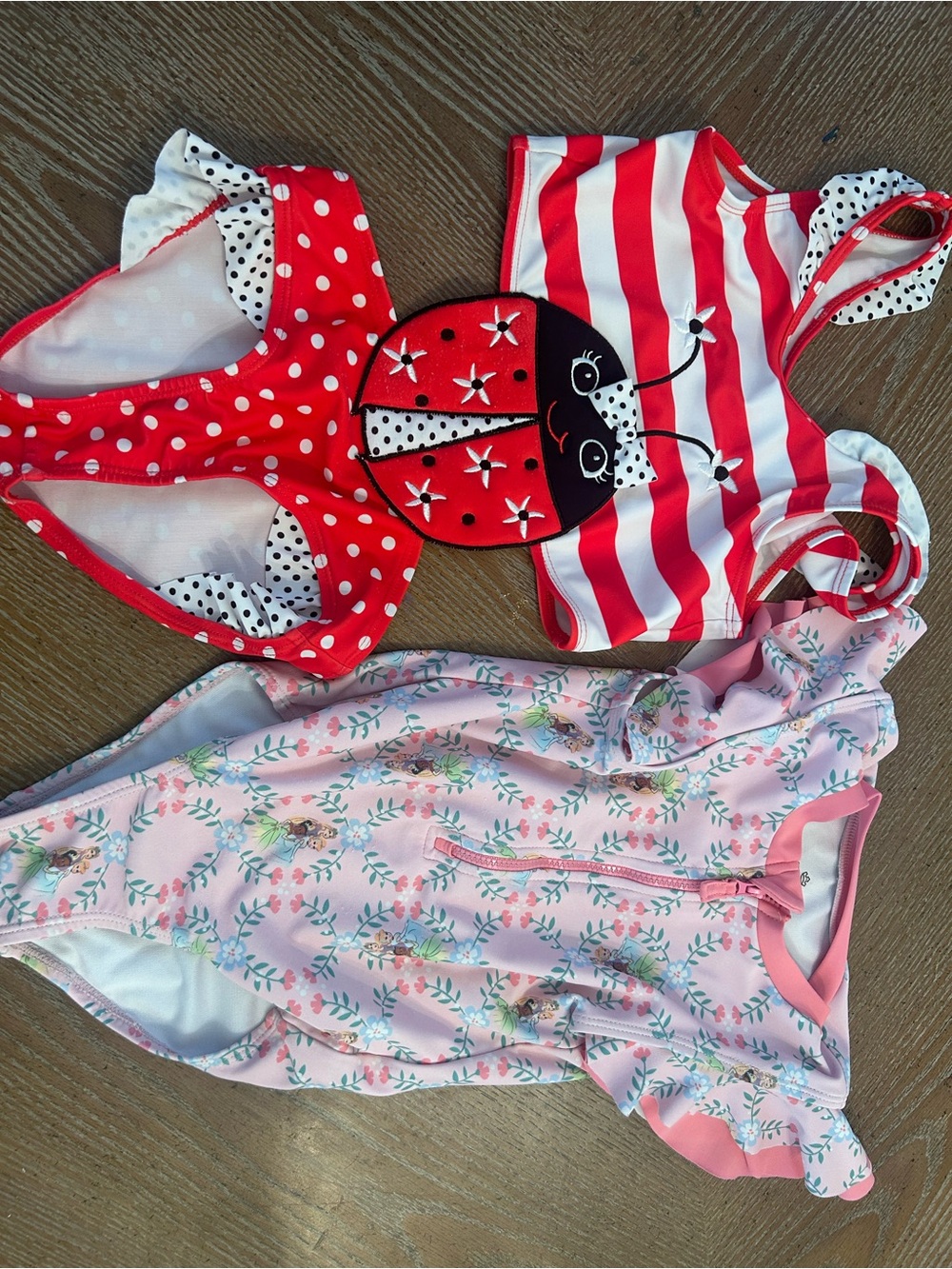 Girls Red Polka Dot & Striped Swimsuits + Pink Floral One-Piece